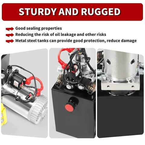 12V DC Hydraulic Power Device 10 Quart Single Acting Hydraulic Dump Trailer Pump close-up view showing rugged steel housing