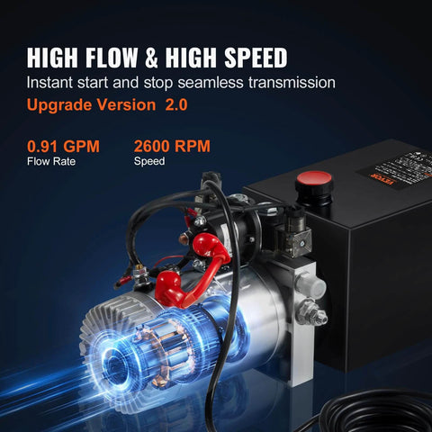 8 Quart Hydraulic Power Unit, Double Acting Dump Trailer Pump, 0.91 GPM Flow Rate, 3200 PSI Max Relief Pressure, DC 12V