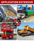Collage of dump trailers, trucks, and machinery illustrating applications of 12V DC Hydraulic Power Device for lifting and lowering.
