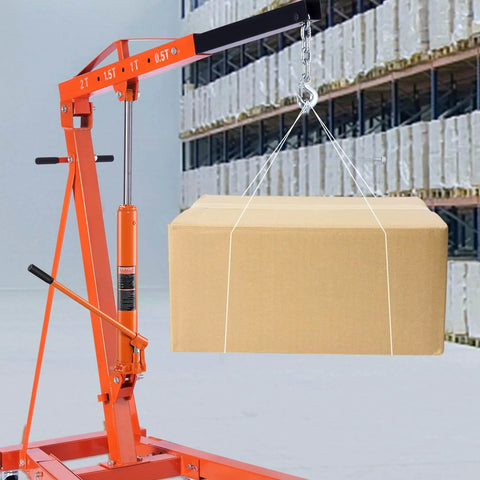 Heavy Duty 3 Ton Hydraulic Long Ram Jack For Engine Hoists And Garage Cranes With Clevis Base Slow Release Lift shown lifting a box