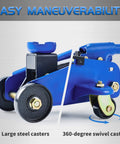 Close-up of blue steel hydraulic floor jack with 360-degree swivel casters demonstrating maneuverability.