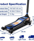 Low Profile 3 Ton Hydraulic Floor Jack With Dual Piston Quick Lift for Cars Trucks SUVs GarveeTech Lift, shown with dimensions.