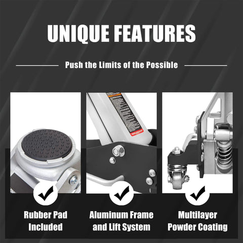 Side view of Low Profile Hydraulic Floor Jack With Dual Piston Quick Lift Pump In Aluminum And Steel Construction For Race Ready Performance, 1.5 Ton Capacity, black finish, highlighting rubber pad, aluminum frame, and powder coating features.