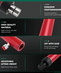 Close-up of red hydraulic floor jack parts emphasizing craftsmanship, material quality, and lifting ease.