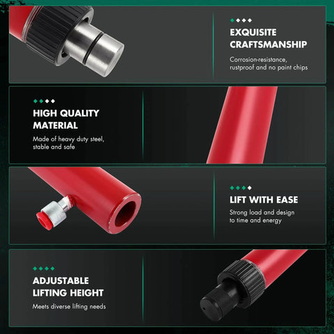 Close-up of red hydraulic floor jack parts emphasizing craftsmanship, material quality, and lifting ease.