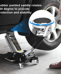 Low Profile Hydraulic Floor Jack With Dual Piston Quick Lift Pump In Aluminum And Steel Construction For Race Ready Performance, 1.5 Ton Capacity (3000 Lb), Black Finish, Ideal For Cars And Light Trucks, Torin TAM815016L lifting a car with rubber padded saddle.