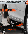 Heavy Duty 1.5 Ton Car Floor Jack With Five And One Eighth Inch To Twelve Inch Lift Range shown lifting a vehicle.