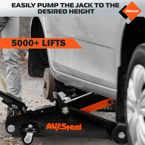 Heavy Duty 1.5 Ton Car Floor Jack With Five And One Eighth Inch To Twelve Inch Lift Range shown lifting a vehicle.