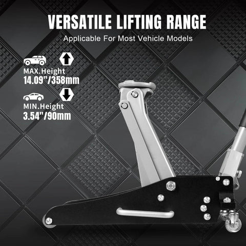 Low Profile Hydraulic Floor Jack With Dual Piston Quick Lift Pump In Aluminum And Steel Construction For Race Ready Performance, 1.5 Ton Capacity (3000 Lb), Black Finish, Ideal For Cars And Light Trucks, Torin TAM815016L side view with lifting range specifications.