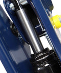 Close-up of Heavy Duty Two And A Half Ton Low Profile Hydraulic Trolley Floor Jack With Quick Lift Pump And Safety Bypass, blue finish.