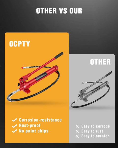10 Ton Hydraulic Floor Jack Pump Ram Replacement With Long Handle For Auto Body Frame Repair And Heavy Duty Equipment Maintenance OCPTY in red, compared to inferior alternative