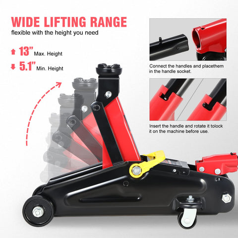 Low Profile Hydraulic Trolley Floor Jack 2 Ton Capacity 13 inch max lifting range diagrams