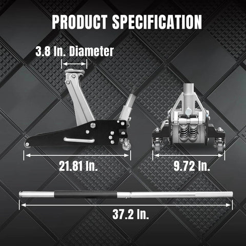 Dimensions of Low Profile Hydraulic Floor Jack With Dual Piston Quick Lift Pump In Aluminum And Steel Construction For Race Ready Performance, 1.5 Ton Capacity (3000 Lb), Black Finish, Ideal For Cars And Light Trucks, Torin TAM815016L.