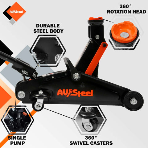 Heavy Duty 1.5 Ton Car Floor Jack With Five And One Eighth Inch To Twelve Inch Lift Range, Hydraulic Trolley Jack With Solid Storage Case, 3300 Lbs Capacity, Portable Floor Jack With Single Piston Pump For Home Garage, showing steel body and rotation head.