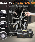 Heavy Duty 5 Ton Hydraulic Floor Jack Kit With Tire Inflator LED Light showing inflator in use on car tire