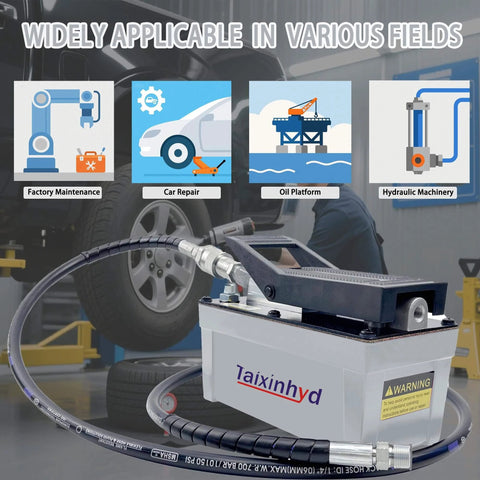 Taixinhyd Hydraulic Pump Air Hydraulic Foot Pump Aluminum Tank 98 CU.in 10000 PSI Air Actua Treadle Hydraulic Pump with Pipe, Grey in workshop setting.