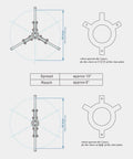 Diagram of Beefy 10 Ton Hydraulic Gear Puller Set With Interchangeable 2 Or 3 Jaw Heads, dimensions and reach specifications shown.