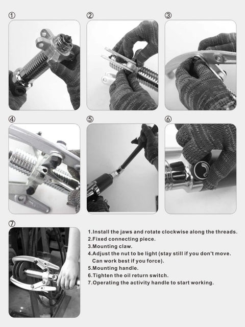 Beefy Hydraulic Gear Puller Kit With Five Ton Capacity And Two Or Three Adjustable Jaws Bearing Hub Separator Tool for use instructions.