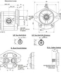 Technical drawing of Hydraulic Gear Pump 20cc/rev (.122in3/rev) 4-15gpm 39.4HP 3625psi SAE A flangeCW (9 Tooth Spline Shaft, Rear Ports) with dimensions.