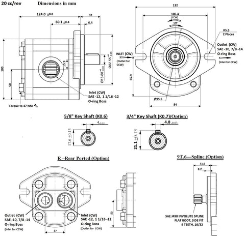 Technical drawing of Hydraulic Gear Pump 20cc/rev (.122in3/rev) 4-15gpm 39.4HP 3625psi SAE A flangeCW (9 Tooth Spline Shaft, Rear Ports) with dimensions.