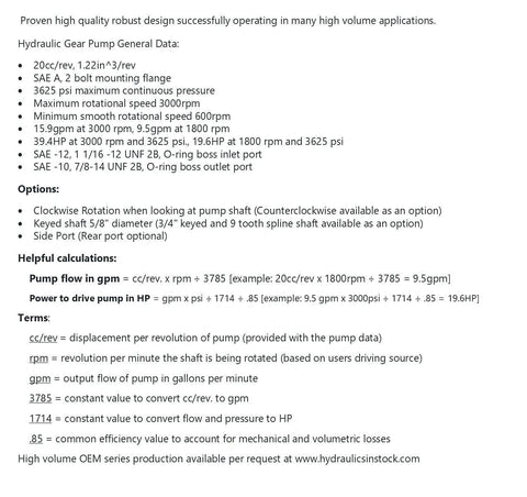 Hydraulic Gear Pump specifications and options, including SAE A flange and 9 tooth spline shaft details