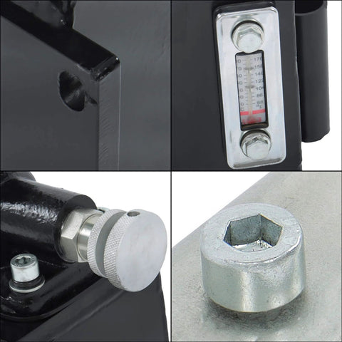 Close-up of Hydraulic Piston Hand Pump 1.5 CID 3 Qts Manual Hydraulic Pump Single Acting with Release Knob, showing gauge and fittings.