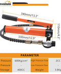 Hydraulic hand pump for 20T Hydraulic Cylinder Jack Porta Power Ram with measurements and parameters shown