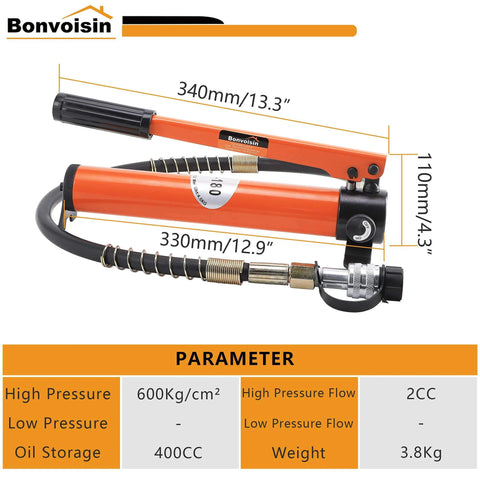 Hydraulic hand pump for 20T Hydraulic Cylinder Jack Porta Power Ram with measurements and parameters shown