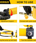 Instructions for using Heavy Duty Hydraulic Hand Pump CP 180 Manual Lift Pump, showing adjustment, coupling, and valve operation.