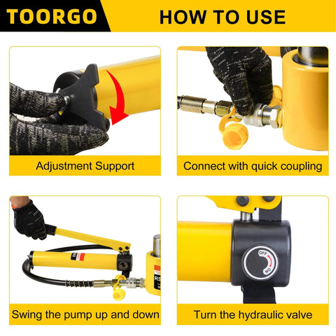 Instructions for using Heavy Duty Hydraulic Hand Pump CP 180 Manual Lift Pump, showing adjustment, coupling, and valve operation.
