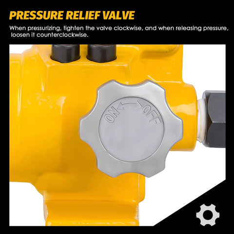 Close-up of pressure relief valve on NEWTRY Hydraulic Hand Pump CP-700 10000psi Manual Hydraulic Pump Power Pack.