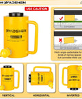 Beefy 30 Ton Hydraulic Hollow Cylinder Jack With 2 Inch Stroke For Heavy Duty Lifting In Machinery And Shipbuilding Industrial Hollow Ram Lift For Automotive Marine Fabrication And Repair HYADSHEN shown in vertical, horizontal, and inverted positions on yellow background with caution instructions.