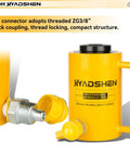 Side view of Beefy 30 Ton Hydraulic Hollow Cylinder Jack With 2 Inch Stroke For Heavy Duty Lifting In Machinery And Shipbuilding Industrial Hollow Ram Lift For Automotive Marine Fabrication And Repair HYADSHEN with connector