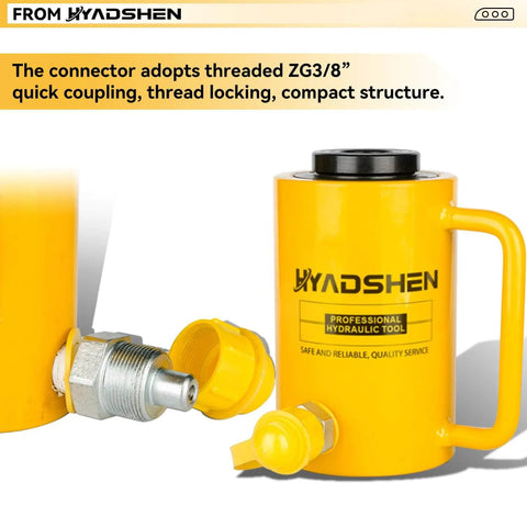 Side view of Beefy 30 Ton Hydraulic Hollow Cylinder Jack With 2 Inch Stroke For Heavy Duty Lifting In Machinery And Shipbuilding Industrial Hollow Ram Lift For Automotive Marine Fabrication And Repair HYADSHEN with connector