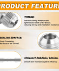 Features of Two Pack One Quarter Inch Hydraulic Hose Field Repair Kit With Reusable Two Wire Fittings For R2 R16 R17 R19 2SN 2SC Double Wire Braided Hoses Up To Four Thousand PSI The Go-To Emergency Fix For The Jobsite, showing thread, sealing surface, and straight-through design.
