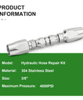 Two-Piece Hydraulic Hose Repair Kit With Three Eighths Inch Reusable Fittings for Two-Wire Braided Hoses Up To 4000 PSI