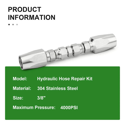 Two-Piece Hydraulic Hose Repair Kit With Three Eighths Inch Reusable Fittings for Two-Wire Braided Hoses Up To 4000 PSI