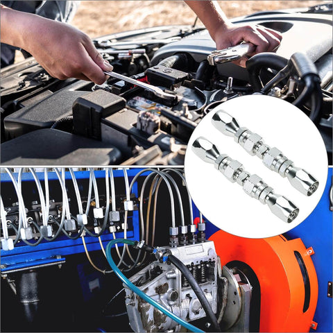 Hydraulic Hose Repair Kit Two Pack One Quarter Inch Inner Diameter Reusable Field Fittings For SAE 100R5 Braided Hoses Easy Clamp On Install Leak Proof Seal Emergency Hose Repair Tool For Heavy Equipment And Machinery shown alongside machinery and car engine.