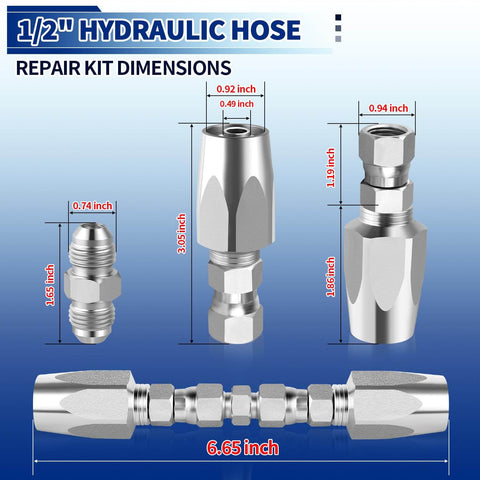 Half Inch Hydraulic Hose Field Repair Kit Set dimensions, Reusable Heavy Duty Galvanized Carbon Steel Fittings, 2 Pieces