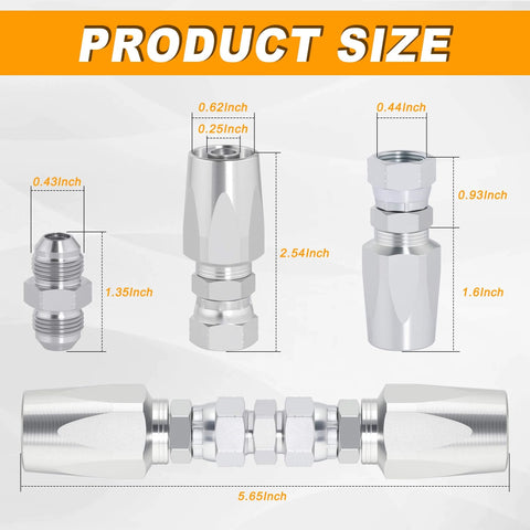 Image of various sizes of fittings from the Two Pack One Quarter Inch Hydraulic Hose Field Repair Kit with reusable two wire fittings.
