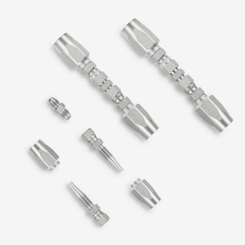 Go-To hydraulic hose repair fittings kit in zinc-plated carbon steel; adapters for 1/4–1/2 in hoses, angled view