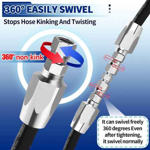 Half Inch Hydraulic Hose Field Repair Kit Set showing swivel feature to prevent kinking and twisting on double wire braided hoses.