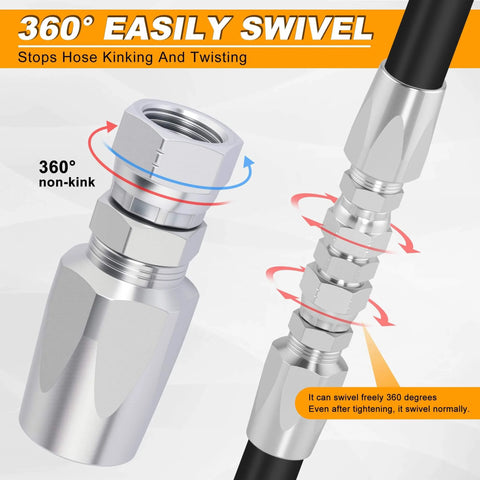 Two Pack One Quarter Inch Hydraulic Hose Field Repair Kit With Reusable Two Wire Fittings For R2 R16 R17 R19 2SN 2SC Double Wire Braided Hoses Up To Four Thousand PSI The Go-To Emergency Fix For The Jobsite showing 360-degree swivel fittings.