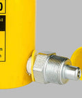 Close-up of yellow Beefy 50T Hydraulic Cylinder Jack With 50mm Stroke, corrosion-resistant metal, showing hydraulic oil inlet.