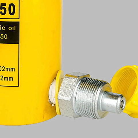 Close-up of yellow Beefy 50T Hydraulic Cylinder Jack With 50mm Stroke, corrosion-resistant metal, showing hydraulic oil inlet.