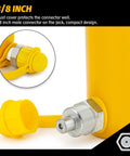 Close-up of 3/8 inch male connector on yellow 10 ton Hydraulic Jack Cylinder Long Ram 6” Stroke Portable Hydraulic Ram Industrial Lifting Tool Porta Power