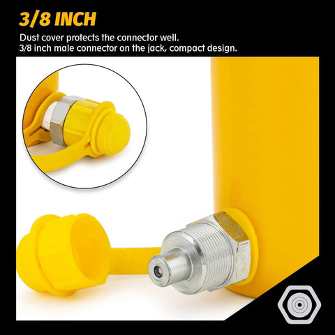 Close-up of 3/8 inch male connector on yellow 10 ton Hydraulic Jack Cylinder Long Ram 6” Stroke Portable Hydraulic Ram Industrial Lifting Tool Porta Power