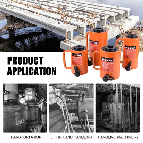 ✝️ 20T Hydraulic Cylinder Jack Hollow Single Acting Hydraulic Ram Cylinder, shown in lifting and handling applications, with images of transportation and machinery handling.
