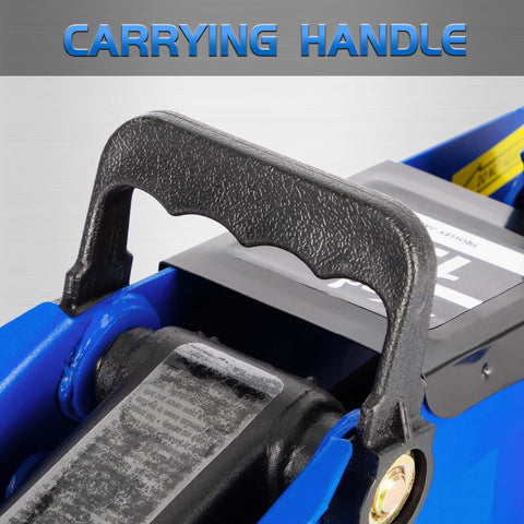 Close-up of the Hydraulic Floor Jack 1.5 Ton Portable Car Lift With 4.9 To 11.8 Inch Lift Range Blue Durable Steel Construction carrying handle.