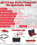Heavy Duty 12 Ton Hydraulic Porta Power Jack Kit With 4.6 Foot Oil Hose For Auto Body Frame Repair In Garage Storage Case 26455 LBS Capacity For Cars And Trucks - product specifications and components shown